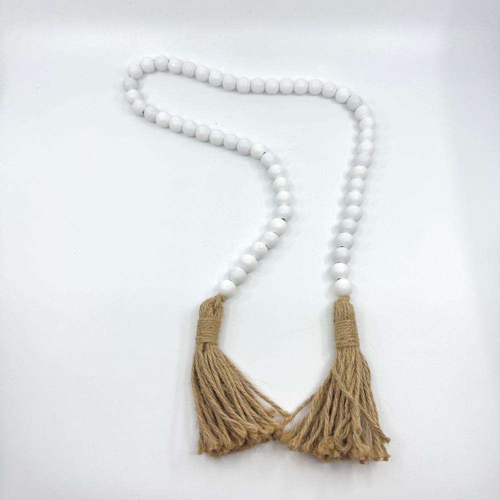 Boho Beige White Wooden Bead Garland with Tassels for Farmhouse Decor
